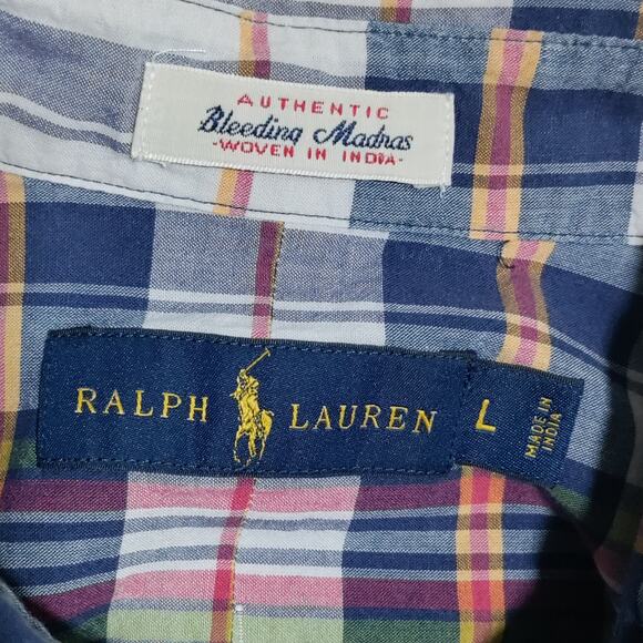 Ralph Lauren Shirt Mens Large Plaid Bleeding Madras Indian Cotton SS Button Down - Picture 6 of 13